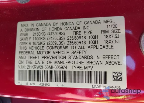 2021 Honda Cr-V Awd Ex z USA, uszkodzony, nr VIN 2HKRW2H56MH605974